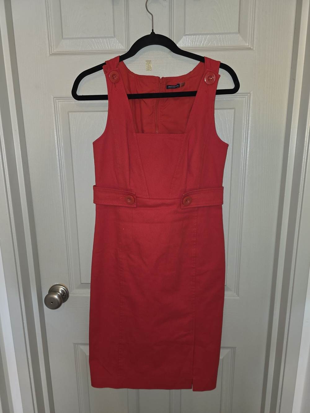 Magaschoni Sleeveless Denim Bright Red Button-Detail Sheath Dress